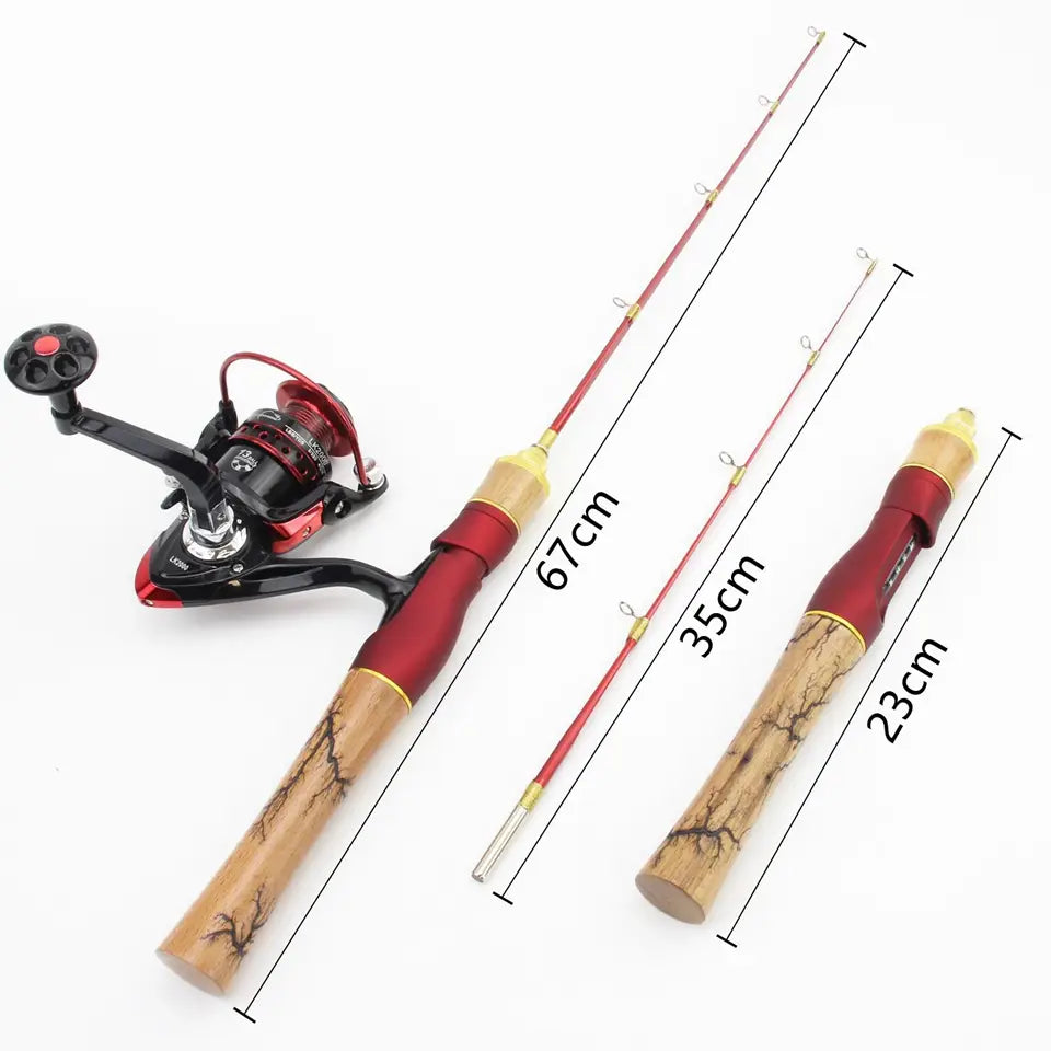 High Quality 58cm Winter fishing Rod Reel Combos Beautiful ice rod 2000 reel Wooden handle Flat tips